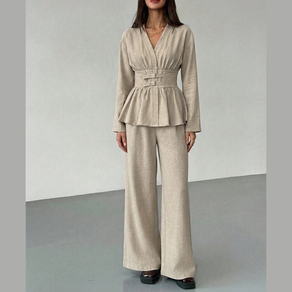 Tan Buckle Waist Peplum Top Wide Leg Pants Set